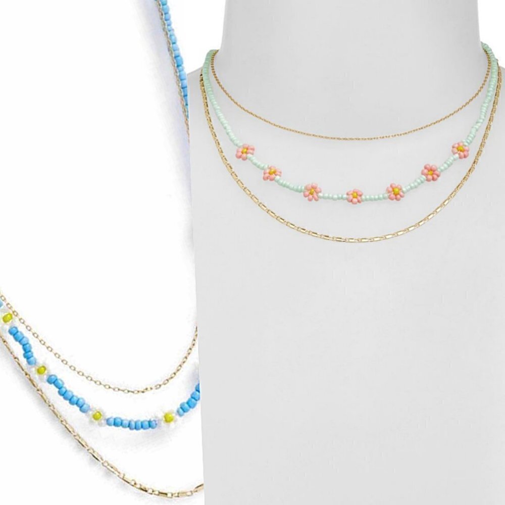 Nordstrom Blue Beaded Layered White Daisy Gold Necklace